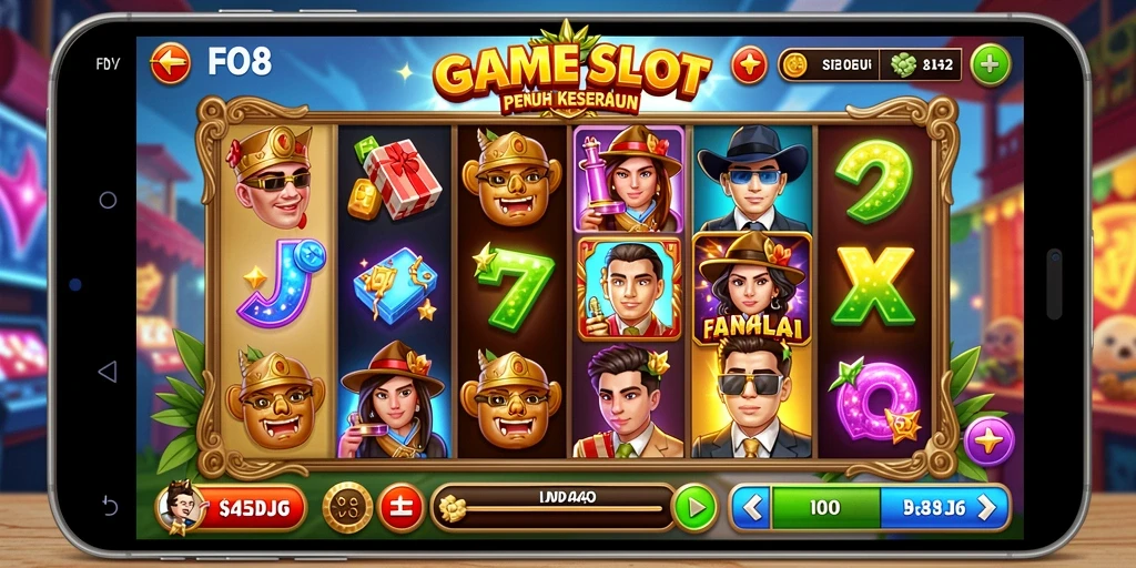 Menampilkan gameplay menarik FO8 dengan simbol Slot berputar.