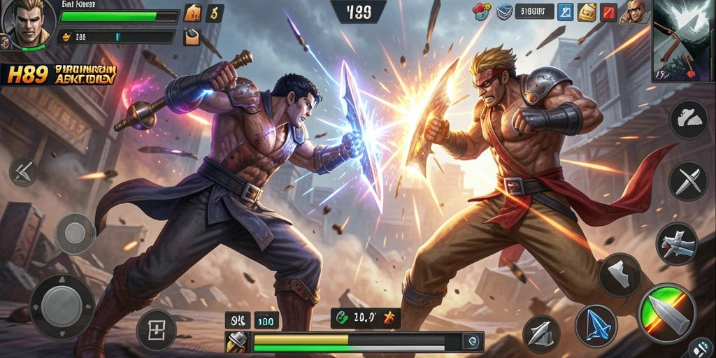 Screenshot H89 dengan tampilan aksi yang mendebarkan dan karakter berani.