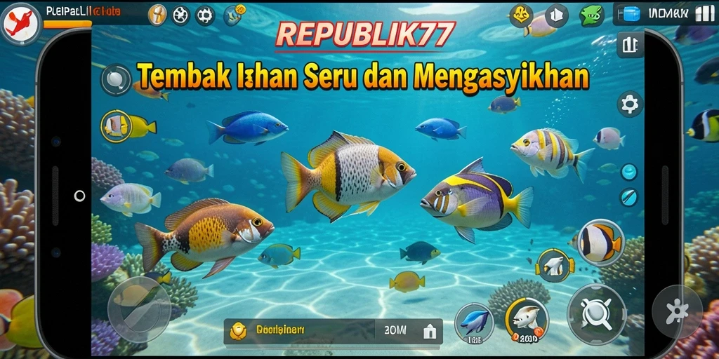 Screenshot menunjukkan aksi menembak ikan dalam REPUBLIK77.