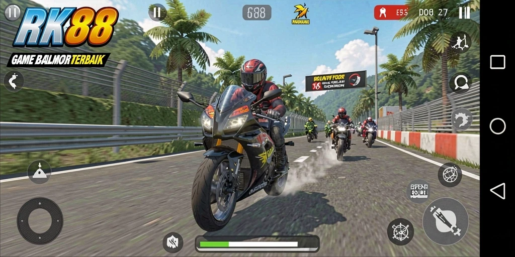 Tampilan gameplay RK88 yang mendebarkan dan penuh aksi balap motor.