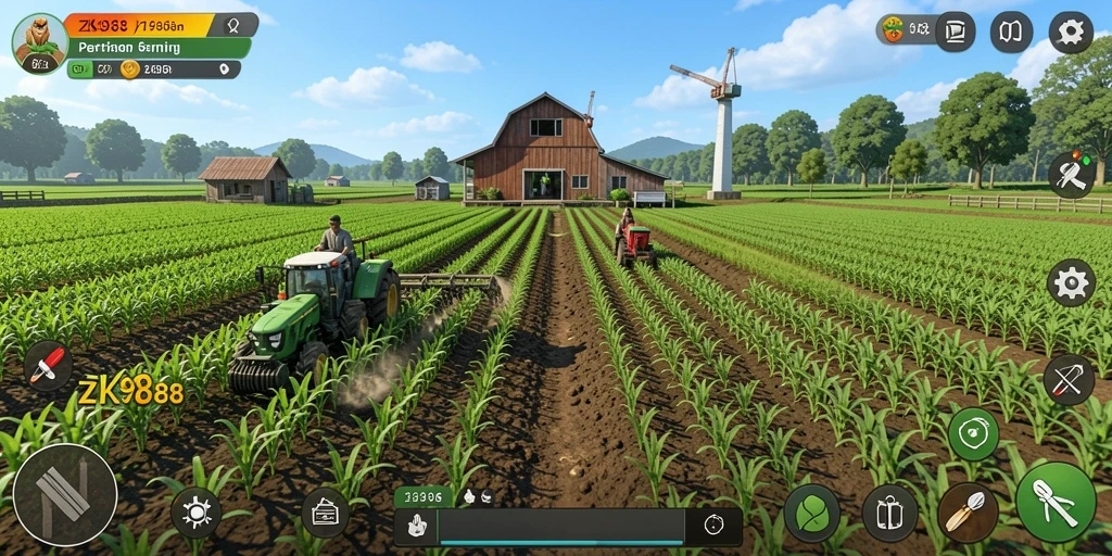 Tampilan gameplay ZK988 yang menggambarkan suasana pertanian yang menawan.